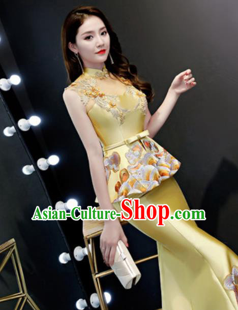 Chinese Traditional Chorus Embroidered Golden Full Dress Compere Cheongsam Costume for Women