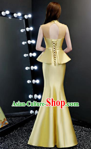 Chinese Traditional Chorus Embroidered Golden Full Dress Compere Cheongsam Costume for Women
