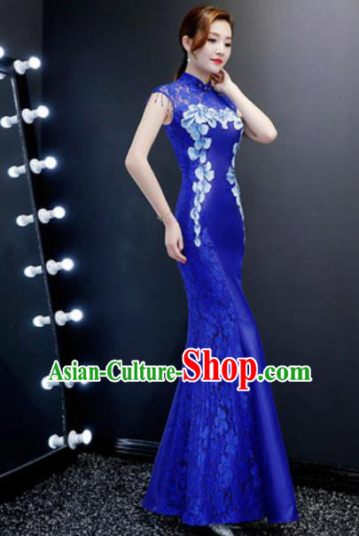 Chinese Traditional Chorus Embroidered Royalblue Lace Dress Compere Cheongsam Costume for Women