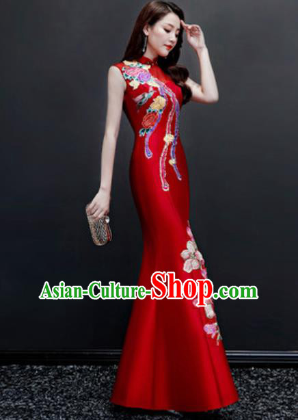 Chinese Traditional Chorus Embroidered Red Full Dress Compere Cheongsam Costume for Women