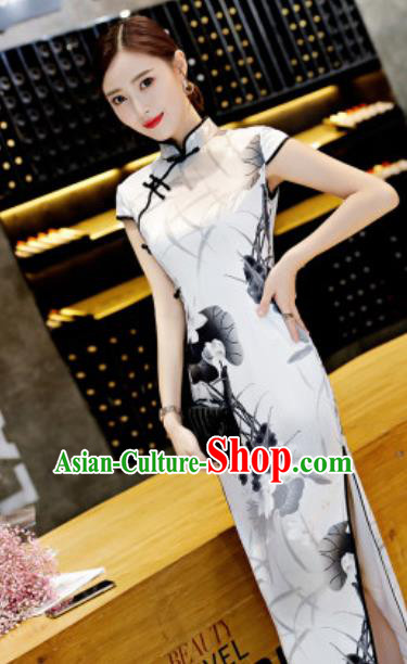 Chinese Traditional Ink Painting Lotus White Qipao Dress Compere Cheongsam Costume for Women