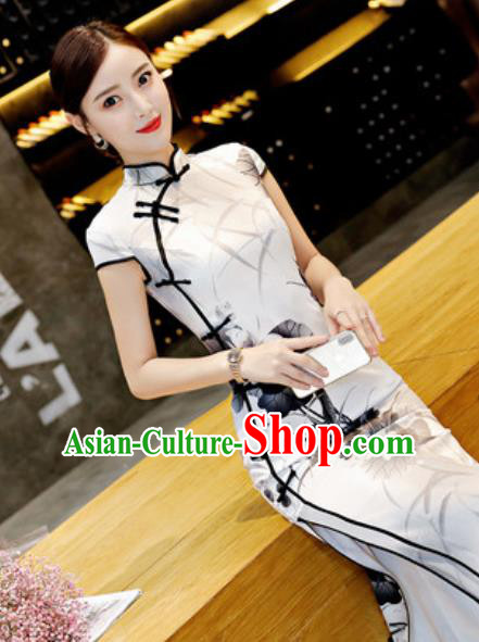 Chinese Traditional Ink Painting Lotus White Qipao Dress Compere Cheongsam Costume for Women