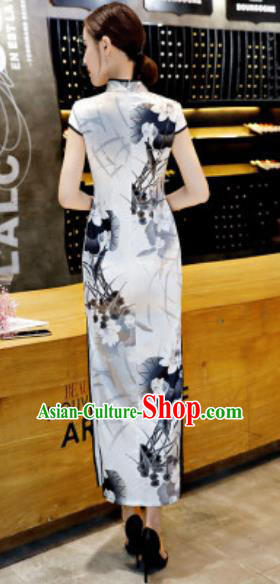 Chinese Traditional Ink Painting Lotus White Qipao Dress Compere Cheongsam Costume for Women
