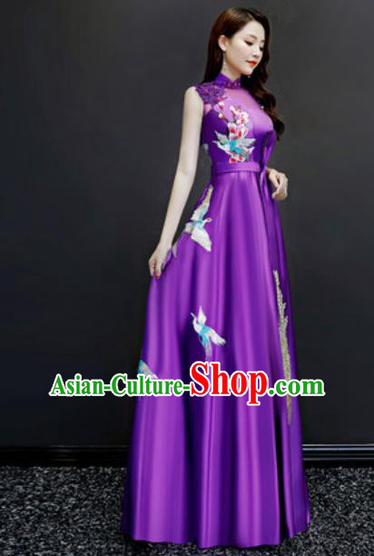 Chinese Traditional Embroidered Purple Dress Compere Cheongsam Costume for Women