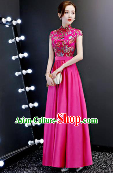 Chinese Traditional Rosy Qipao Dress Compere Cheongsam Costume for Women