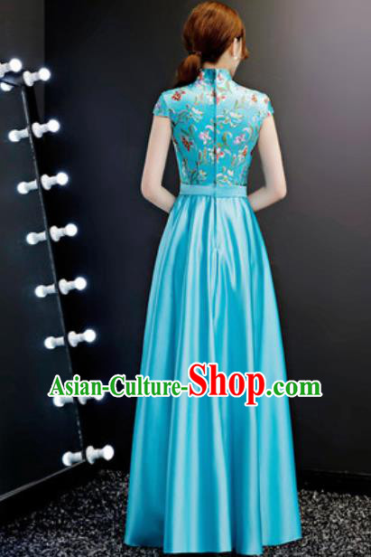 Chinese Traditional Blue Qipao Dress Compere Cheongsam Costume for Women