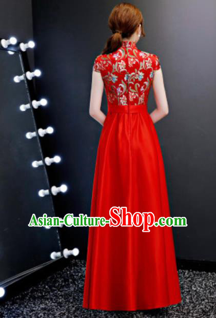 Chinese Traditional Red Qipao Dress Compere Cheongsam Costume for Women