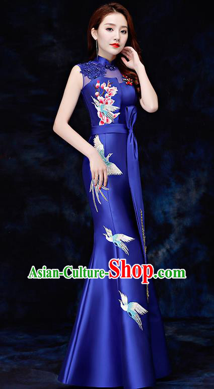 Chinese Traditional Embroidered Birds Royalblue Qipao Dress Compere Cheongsam Costume for Women