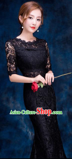 Top Compere Catwalks Black Lace Full Dress Evening Party Compere Costume for Women