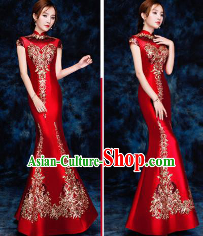 Chinese Traditional Embroidered Sequins Red Qipao Dress Compere Cheongsam Costume for Women