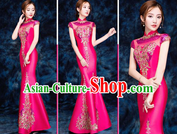 Chinese Traditional Embroidered Sequins Rosy Qipao Dress Compere Cheongsam Costume for Women