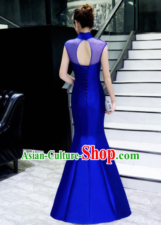 Chinese Traditional Embroidered Phoenix Peony Royalblue Qipao Dress Compere Cheongsam Costume for Women