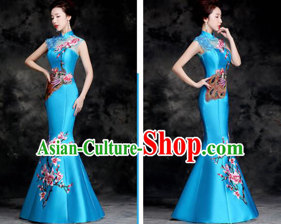 Chinese Traditional Embroidered Peacock Mangnolia Blue Qipao Dress Compere Cheongsam Costume for Women