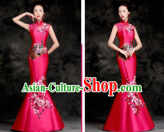 Chinese Traditional Embroidered Peacock Mangnolia Rosy Qipao Dress Compere Cheongsam Costume for Women
