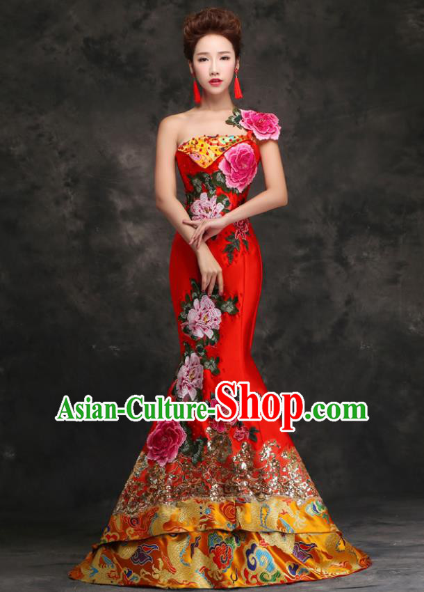 Chinese Traditional Embroidered Peony Red Trailing Qipao Dress Compere Cheongsam Costume for Women