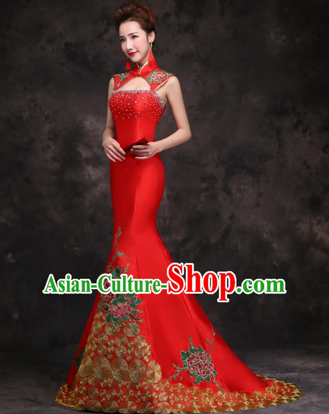 Chinese Traditional Embroidered Peony Diamante Red Qipao Dress Compere Cheongsam Costume for Women