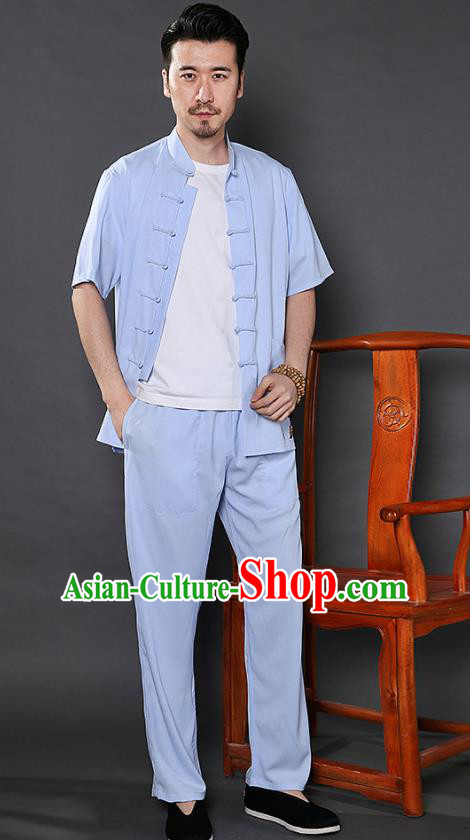 Chinese National Light Blue Shirt and Pants Traditional Tang Suit Martial Arts Costumes Complete Set for Men