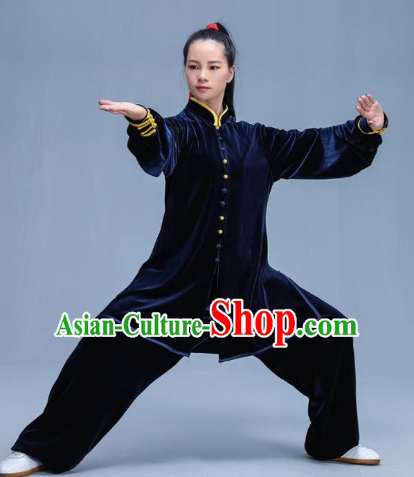 Chinese Traditional Kung Fu Navy Velvet Garment Outfits Martial Arts Stage Show Costumes for Women