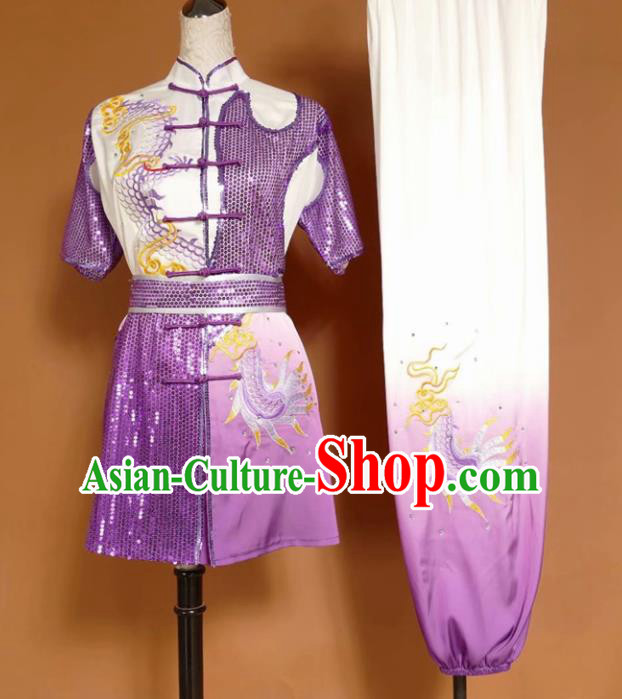 Chinese Tai Chi Changquan Purple Garment Outfits Traditional Kung Fu Martial Arts Training Costumes for Adult