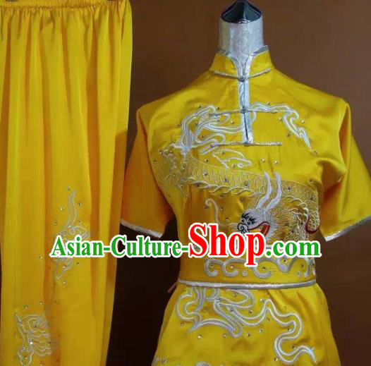 Chinese Martial Arts Changquan Embroidered Dragon Yellow Garment Outfits Traditional Tai Chi Kung Fu Costumes for Adult