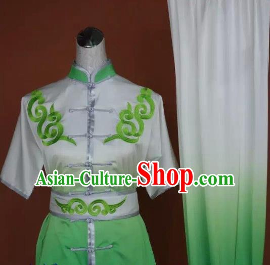Chinese Martial Arts Changquan Embroidered Green Garment Outfits Traditional Tai Chi Kung Fu Costumes for Adult