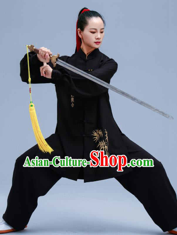 Chinese Traditional Kung Fu Embroidered Black Outfit Martial Arts Competition Costumes for Women