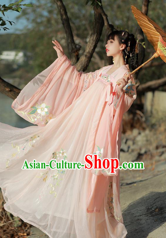 Traditional Chinese Song Dynasty Patrician Lady Pink Hanfu Dress Ancient Royal Princess Embroidered Costumes for Women