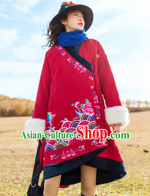 Chinese Traditional Embroidered Peony Red Cotton Padded Coat National Overcoat Costumes for Women