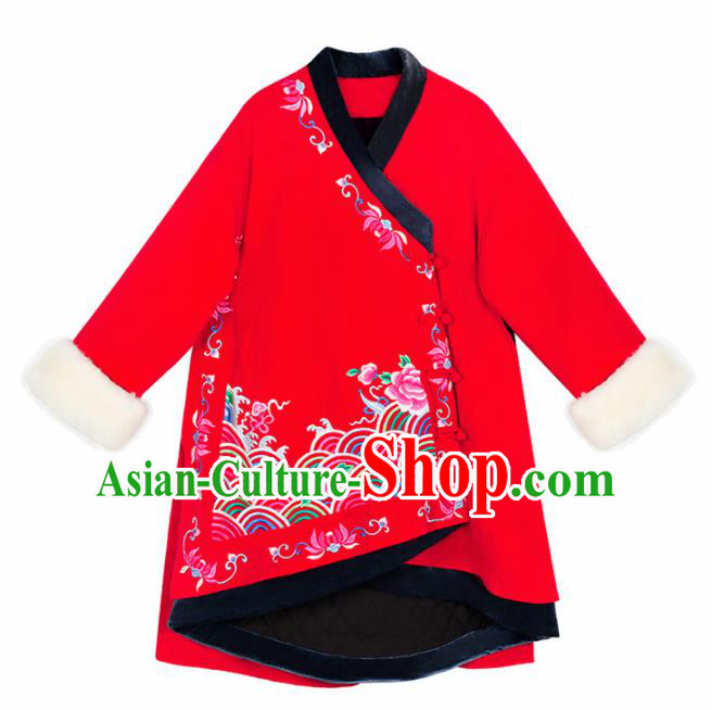 Chinese Traditional Embroidered Peony Red Cotton Padded Coat National Overcoat Costumes for Women