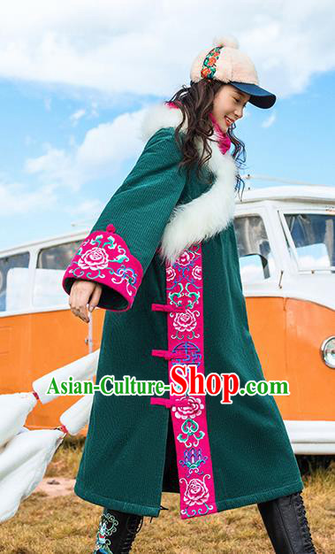 Chinese Traditional Embroidered Green Woolen Dust Coat National Overcoat Costumes for Women