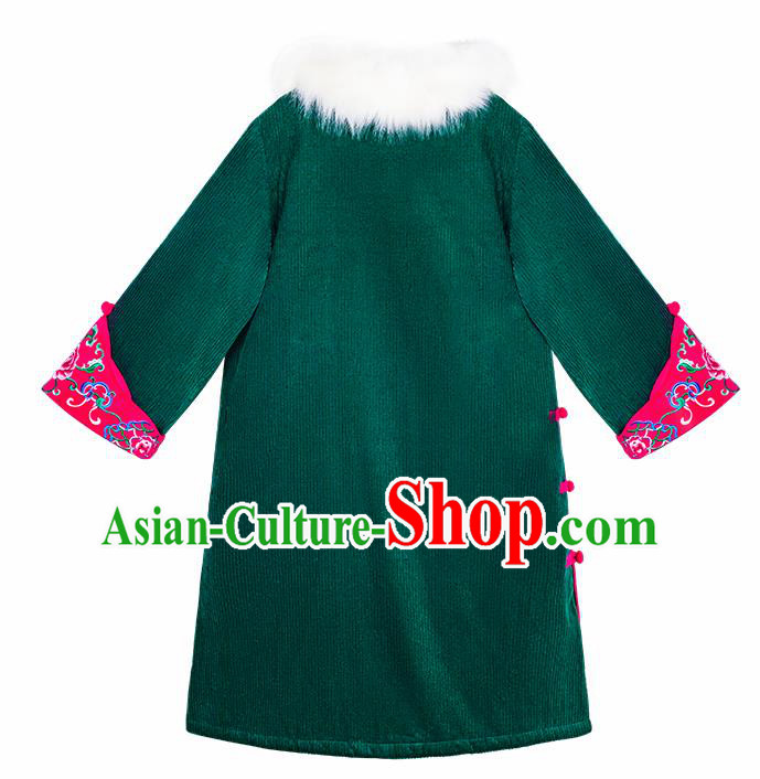 Chinese Traditional Embroidered Green Woolen Dust Coat National Overcoat Costumes for Women