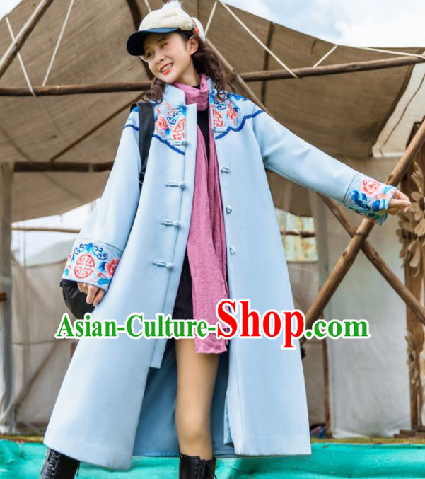 Chinese Traditional Embroidered Peony Blue Woolen Dust Coat National Overcoat Costumes for Women