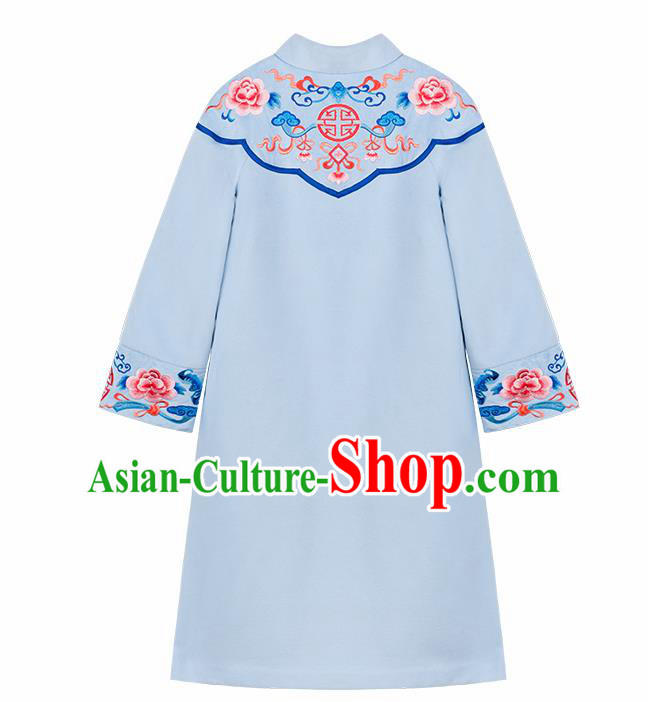 Chinese Traditional Embroidered Peony Blue Woolen Dust Coat National Overcoat Costumes for Women
