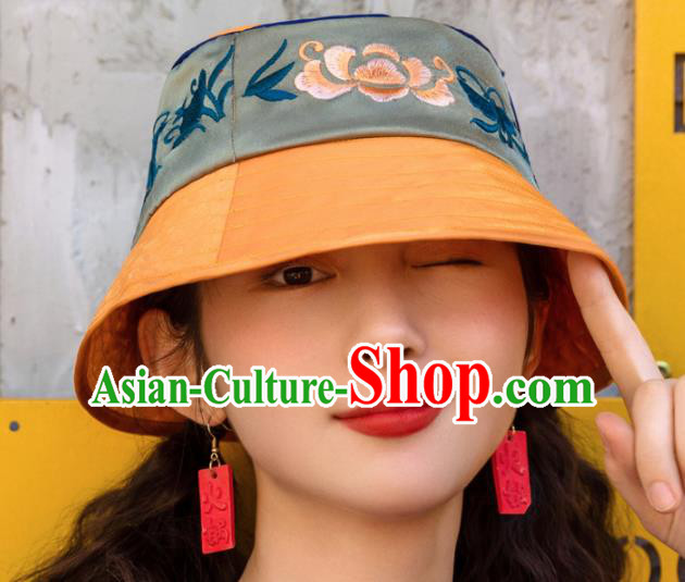 Chinese Traditional Hanfu Embroidered Green Hat National Bucket Hat for Women