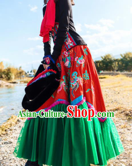 Chinese Traditional Embroidered Red Skirt National Bust Skirt Costumes for Women