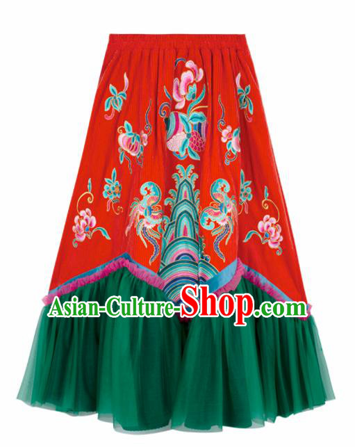 Chinese Traditional Embroidered Red Skirt National Bust Skirt Costumes for Women