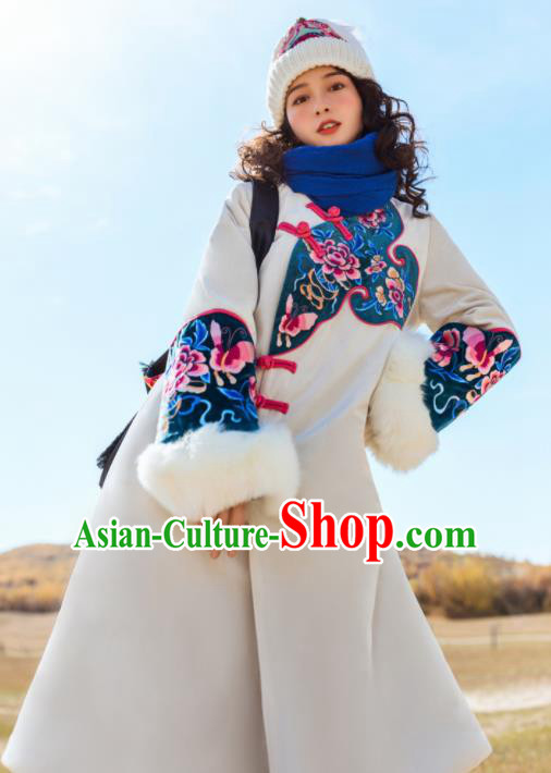 Chinese Traditional Embroidered Peony White Woolen Dust Coat National Overcoat Costumes for Women