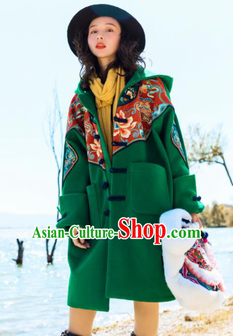 Chinese Traditional Embroidered Green Woolen Jacket National Overcoat Costumes for Women