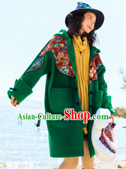 Chinese Traditional Embroidered Green Woolen Jacket National Overcoat Costumes for Women
