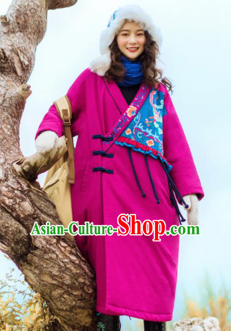 Chinese Traditional Embroidered Rosy Cotton Padded Coat National Overcoat Costumes for Women