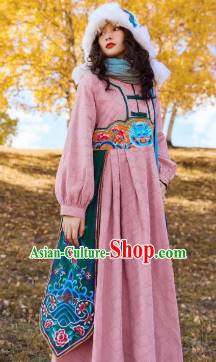 Chinese Traditional Embroidered Dragon Pink Dress National Tang Suit Costumes for Women