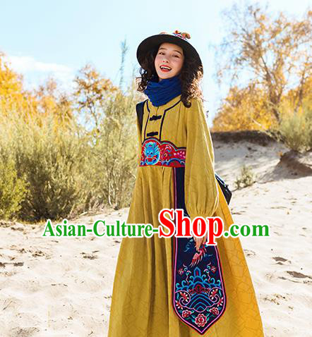 Chinese Traditional Embroidered Dragon Yellow Dress National Tang Suit Costumes for Women
