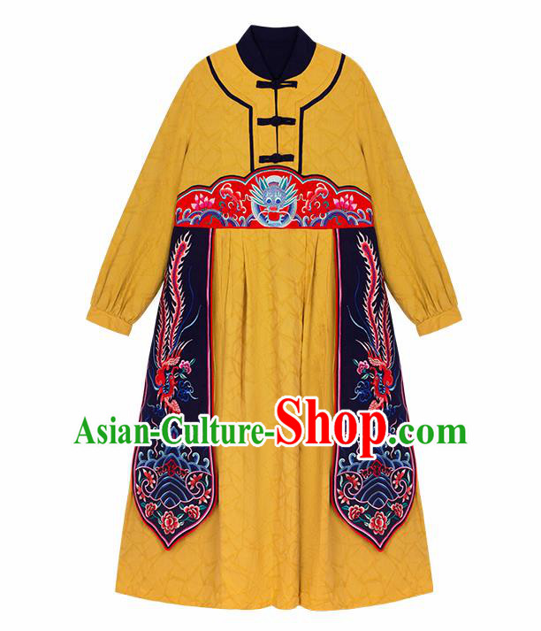 Chinese Traditional Embroidered Dragon Yellow Dress National Tang Suit Costumes for Women
