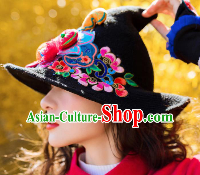 Chinese Traditional Embroidered Tiger Black Hat National Wizard Hat for Women