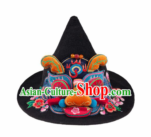 Chinese Traditional Embroidered Tiger Black Hat National Wizard Hat for Women