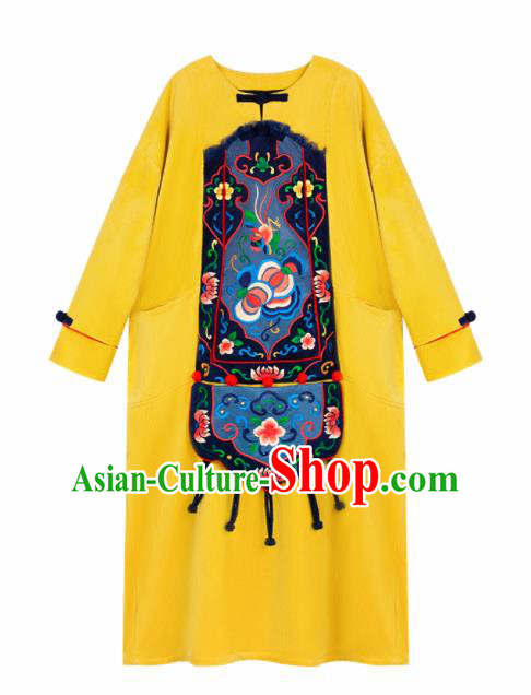 Chinese Traditional Embroidered Yellow Dress National Cheongsam Costumes for Women