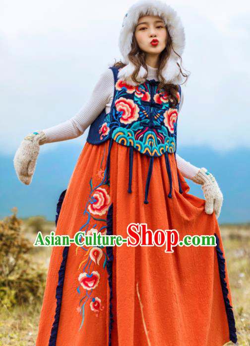 Chinese Traditional Embroidered Orange Vest Dress National Tang Suit Costumes for Women