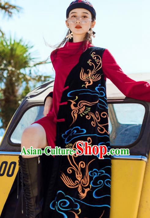 Chinese Traditional Embroidered Cloud Black Qipao Dress National Tang Suit Costumes for Women