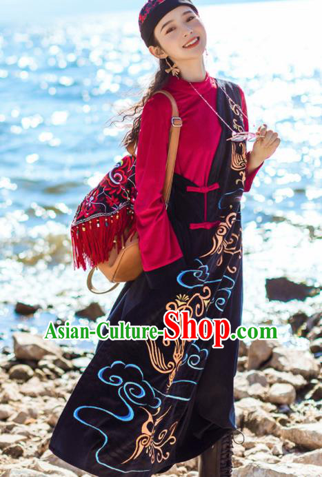 Chinese Traditional Embroidered Cloud Black Qipao Dress National Tang Suit Costumes for Women