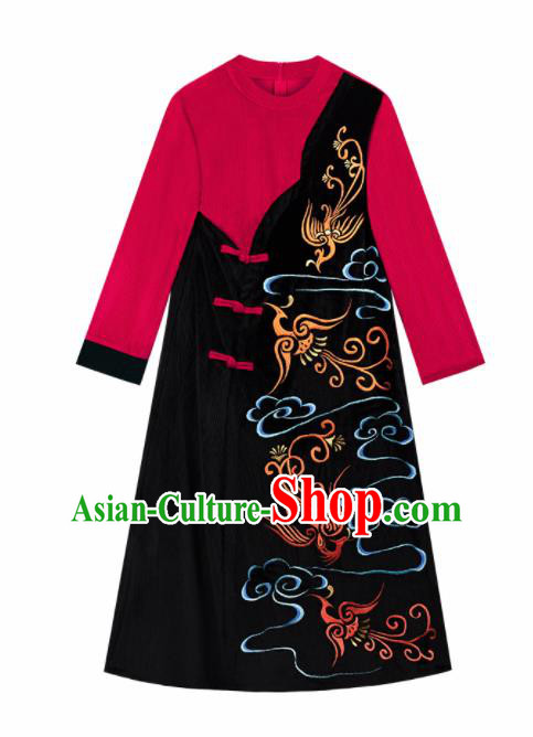 Chinese Traditional Embroidered Cloud Black Qipao Dress National Tang Suit Costumes for Women
